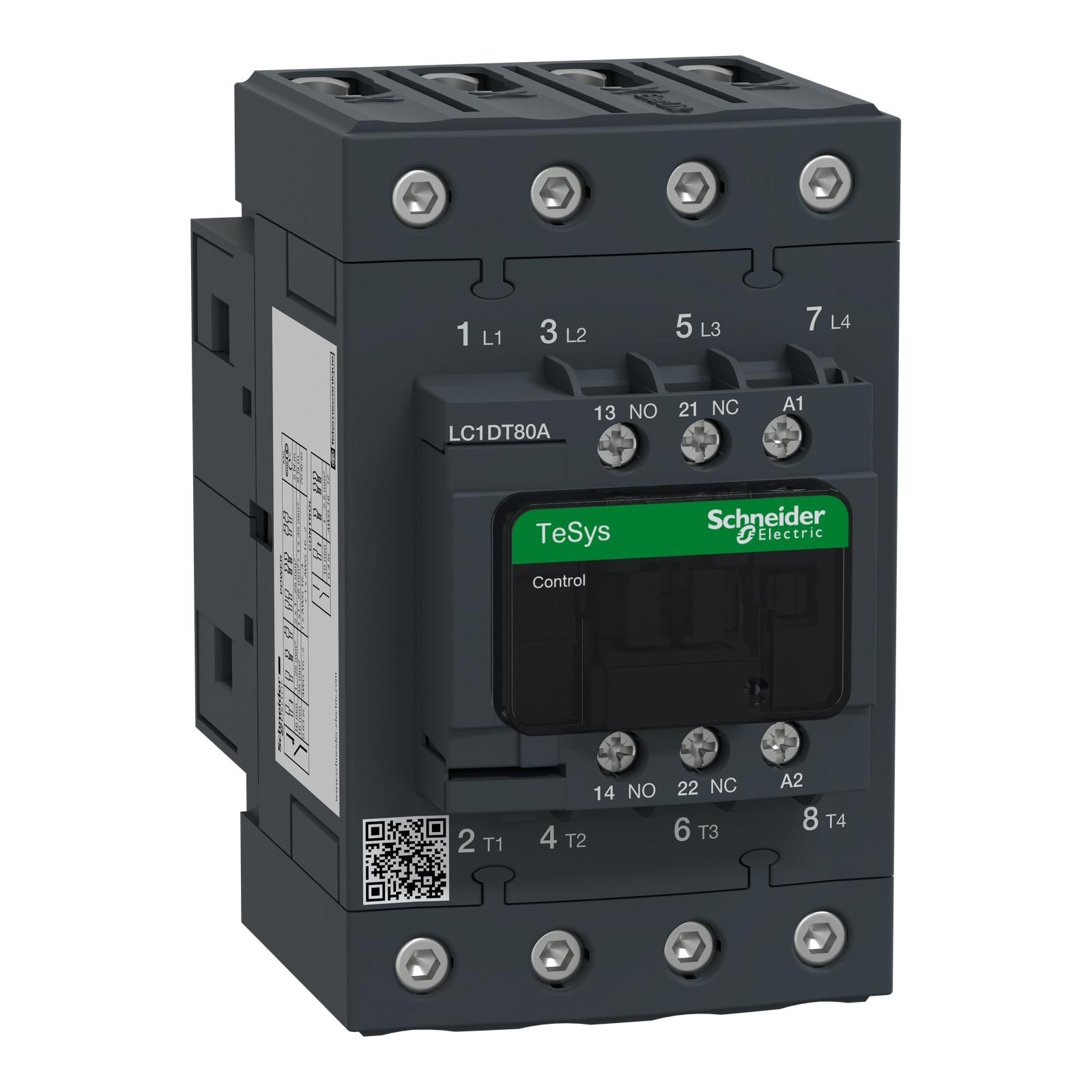 IEC contactor, TeSys Deca, nonreversing, 80A resistive, 4 pole, 4 NO, 380VAC 50/60Hz coil, open style