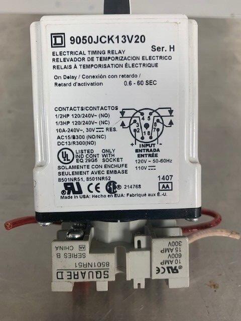 Timing Relay, Type JCK, plug In, on delay, adjustable time, 0.6 to 60 seconds, 10A, 240 VAC, 120 VAC/110 VDC
