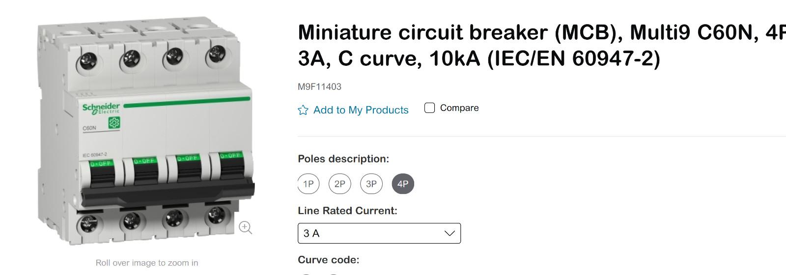 Miniature circuit breaker (MCB), Multi9 C60N, 4P, 3A, C curve, 10kA (IEC/EN 60947-2)