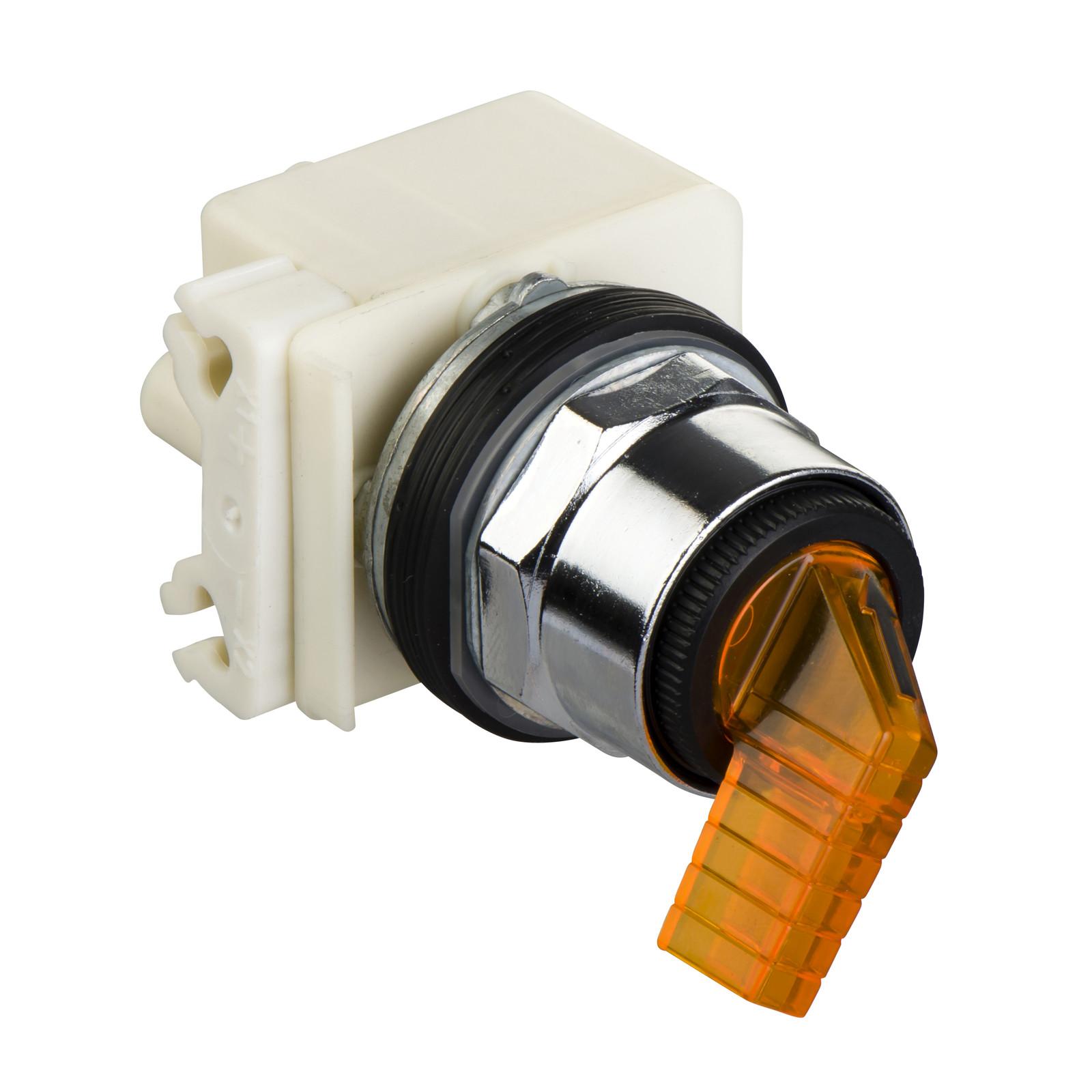 Illuminated selector switch head, Harmony 9001K, metal, long handle, amber, 30mm, 2 positions, stay put, LED yellow, 24-28V