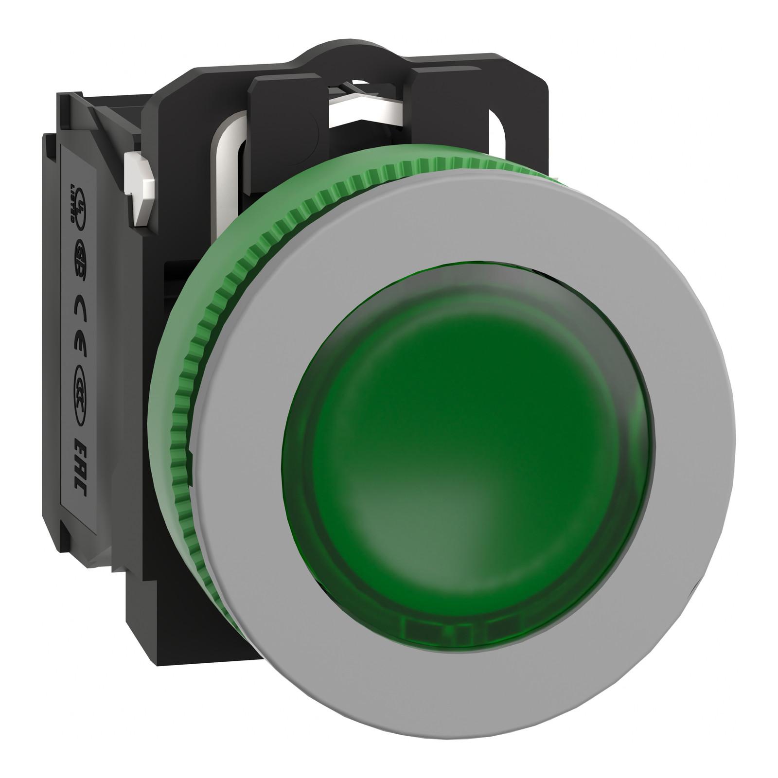 Illuminated push button, Harmony XB5, antimicrobial, grey bezel, green flush, 30mm, universal LED, 230…240V AC, 1NO + 1NC