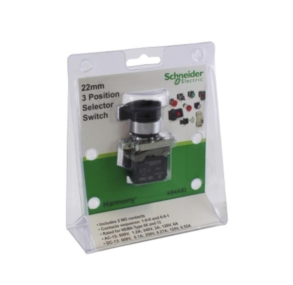 Selector switch, Harmony XB4, black, 22mm, 3 positions, stay put, 2NO