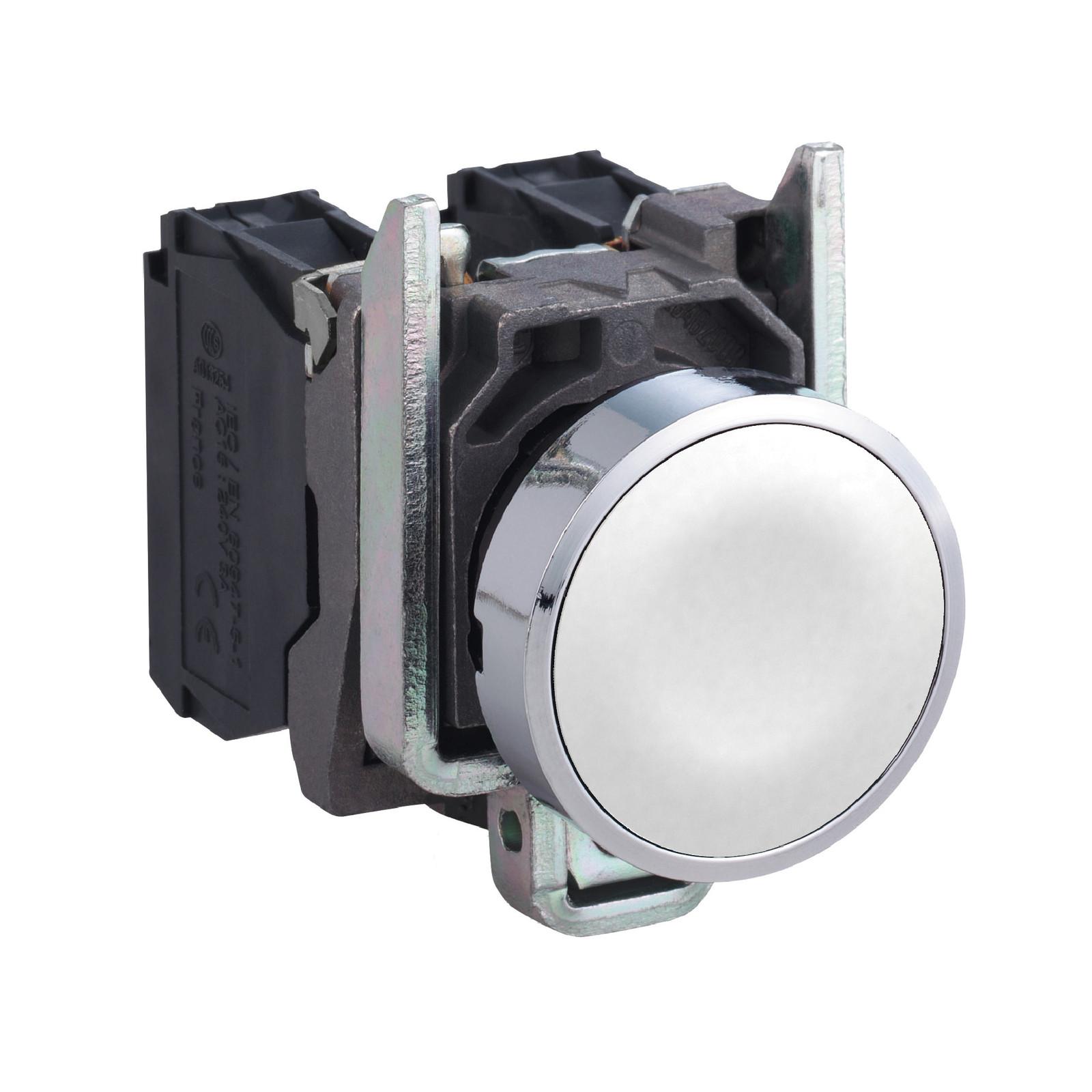 Push button, Harmony XB4, metal, white flush, 22mm, spring return, 1NO, unmarked, for customization