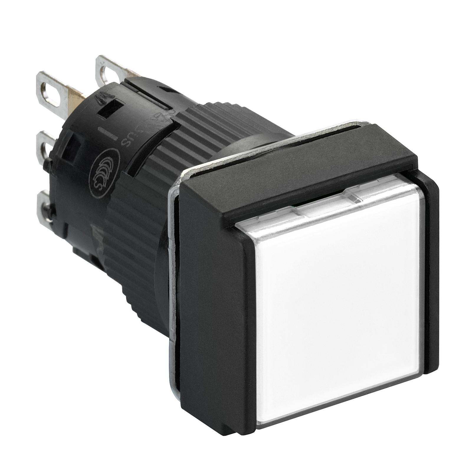 Illuminated monolithic push button, Harmony XB6E, square white flush, 16mm, spring return, 24V DC, 1CO