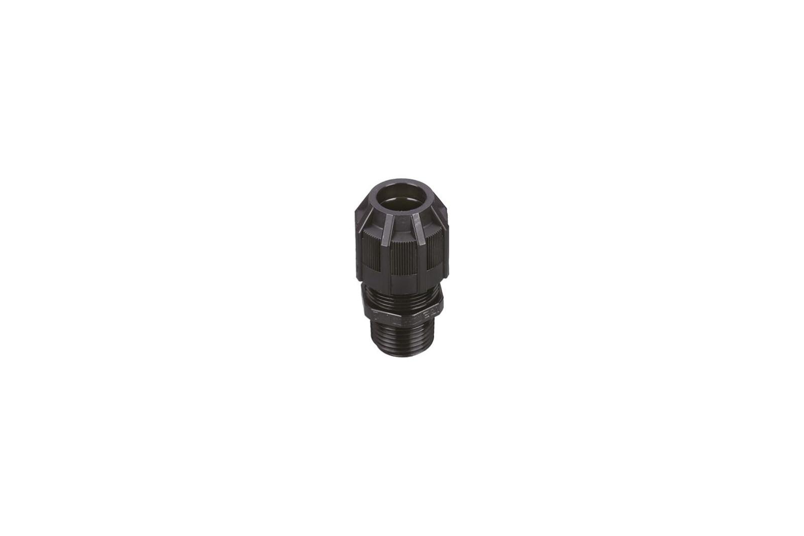 Liquidtight Strain Relief Connector, Straight, 1/2 Inch NPT Thread, Cable Range 0.125 Inch/3.2mm to 0.375 Inch/9.5mm, Throat Diameter 0.55 Inch, IP65 Rating, UV Resistant Polyamide 6.6 Body, Black