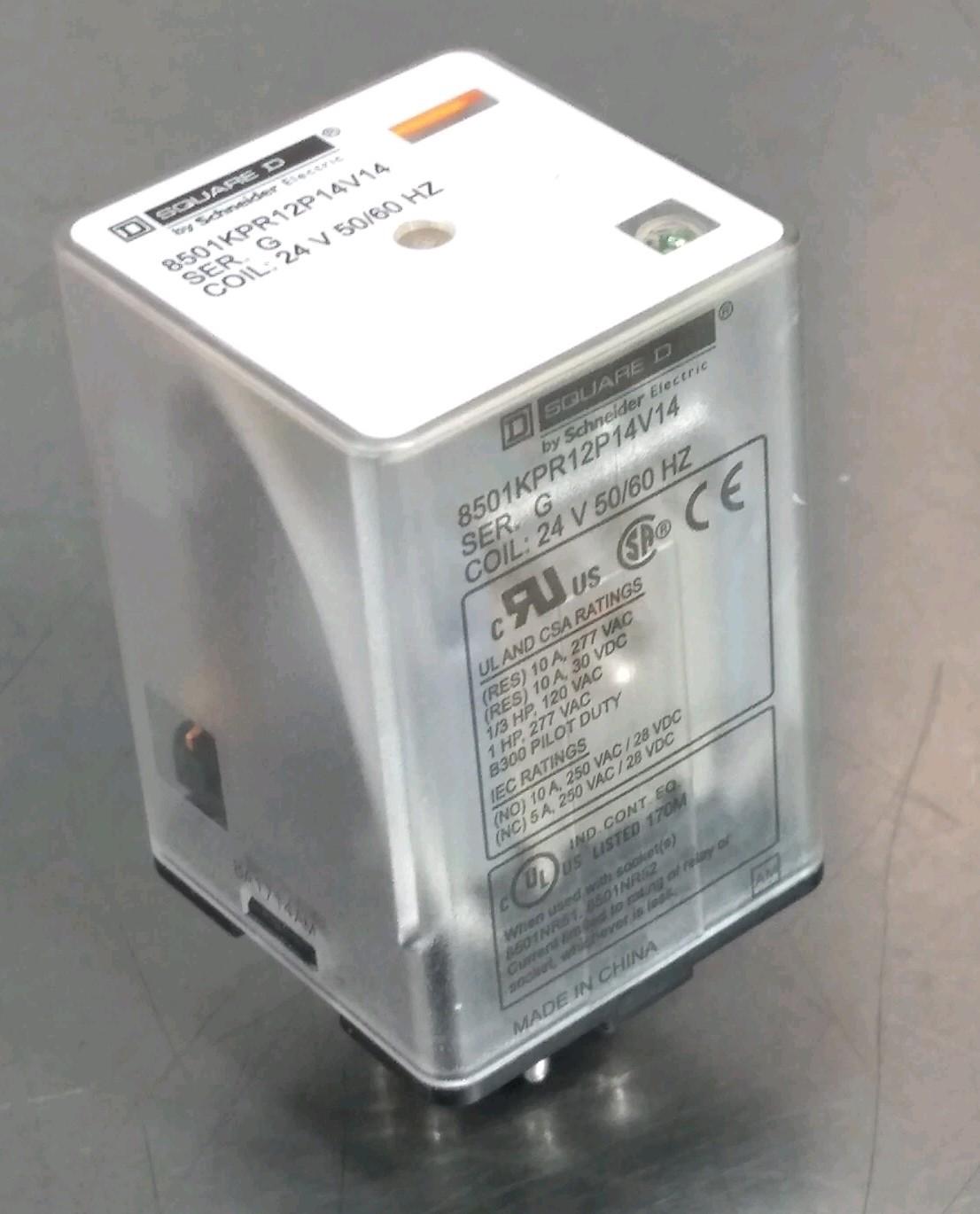Plug in relay, Type KP, tubular, 1 HP at 277 VAC, 10A resistive at 120 VAC, DPDT, 2 NO, 2 NC, 24 VAC coil, pilot light